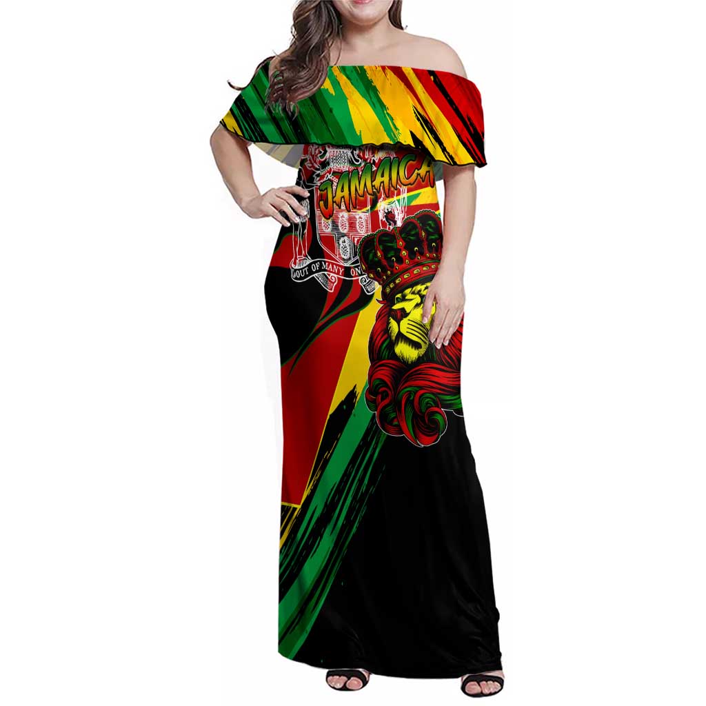 Jamaica Lion Family Matching Off Shoulder Maxi Dress and Hawaiian Shirt Coat Of Arms Rastafarianism