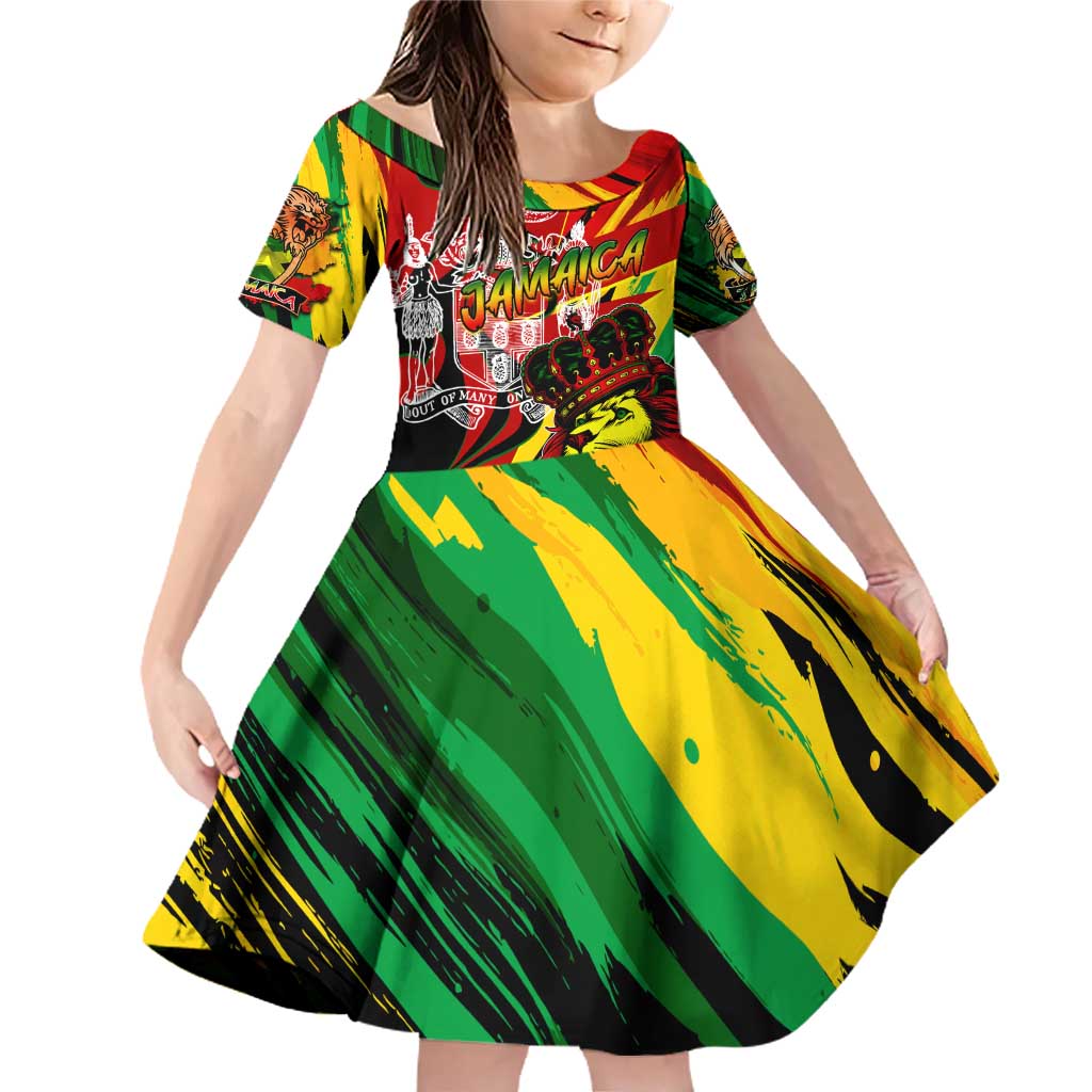 Jamaica Lion Family Matching Off Shoulder Short Dress and Hawaiian Shirt Coat Of Arms Rastafarianism
