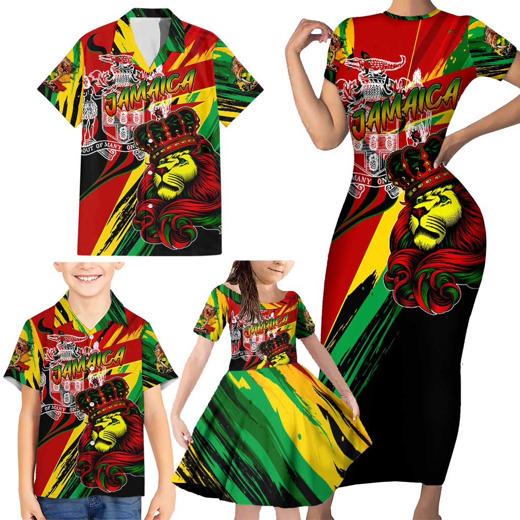 Jamaica Lion Family Matching Short Sleeve Bodycon Dress and Hawaiian Shirt Coat Of Arms Rastafarianism