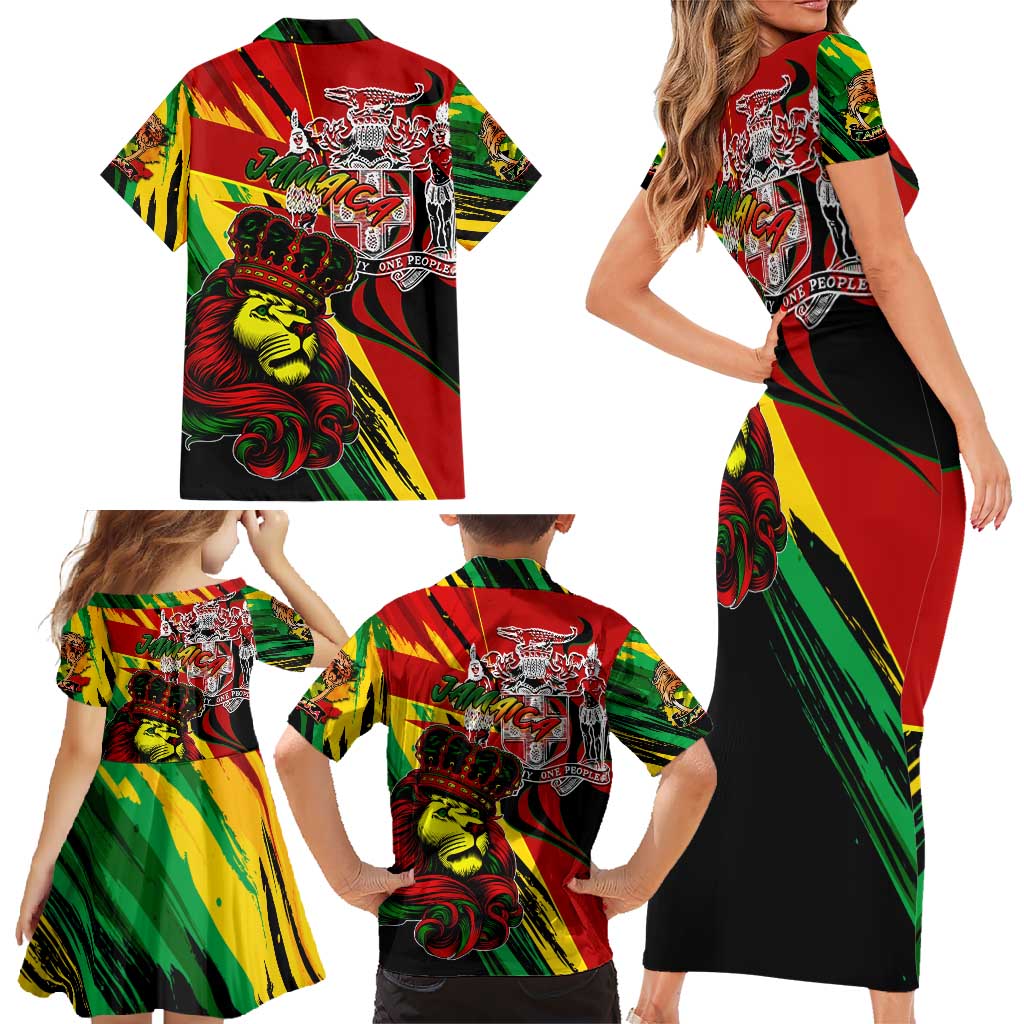 Jamaica Lion Family Matching Short Sleeve Bodycon Dress and Hawaiian Shirt Coat Of Arms Rastafarianism
