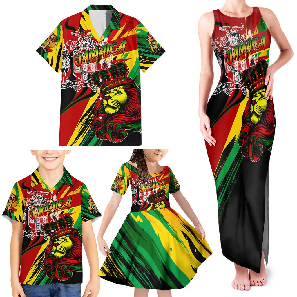 Jamaica Lion Family Matching Tank Maxi Dress and Hawaiian Shirt Coat Of Arms Rastafarianism