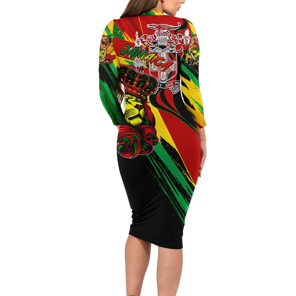 Jamaica Lion Long Sleeve Bodycon Dress Coat Of Arms Rastafarianism