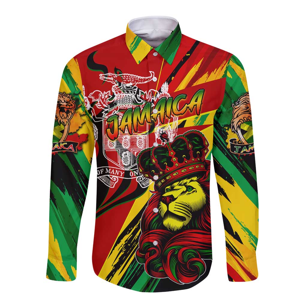 Jamaica Lion Long Sleeve Button Shirt Coat Of Arms Rastafarianism