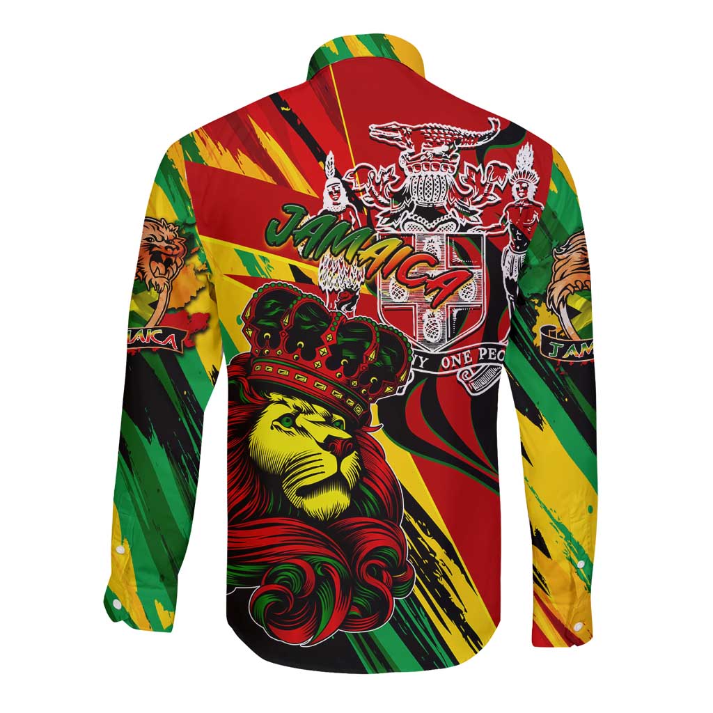 Jamaica Lion Long Sleeve Button Shirt Coat Of Arms Rastafarianism