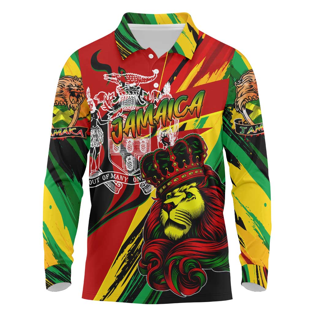 Jamaica Lion Long Sleeve Polo Shirt Coat Of Arms Rastafarianism