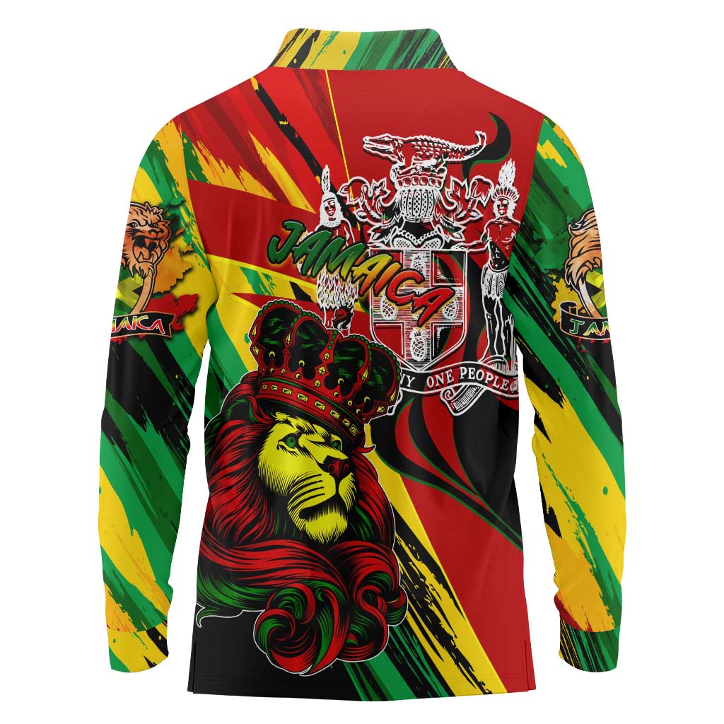 Jamaica Lion Long Sleeve Polo Shirt Coat Of Arms Rastafarianism