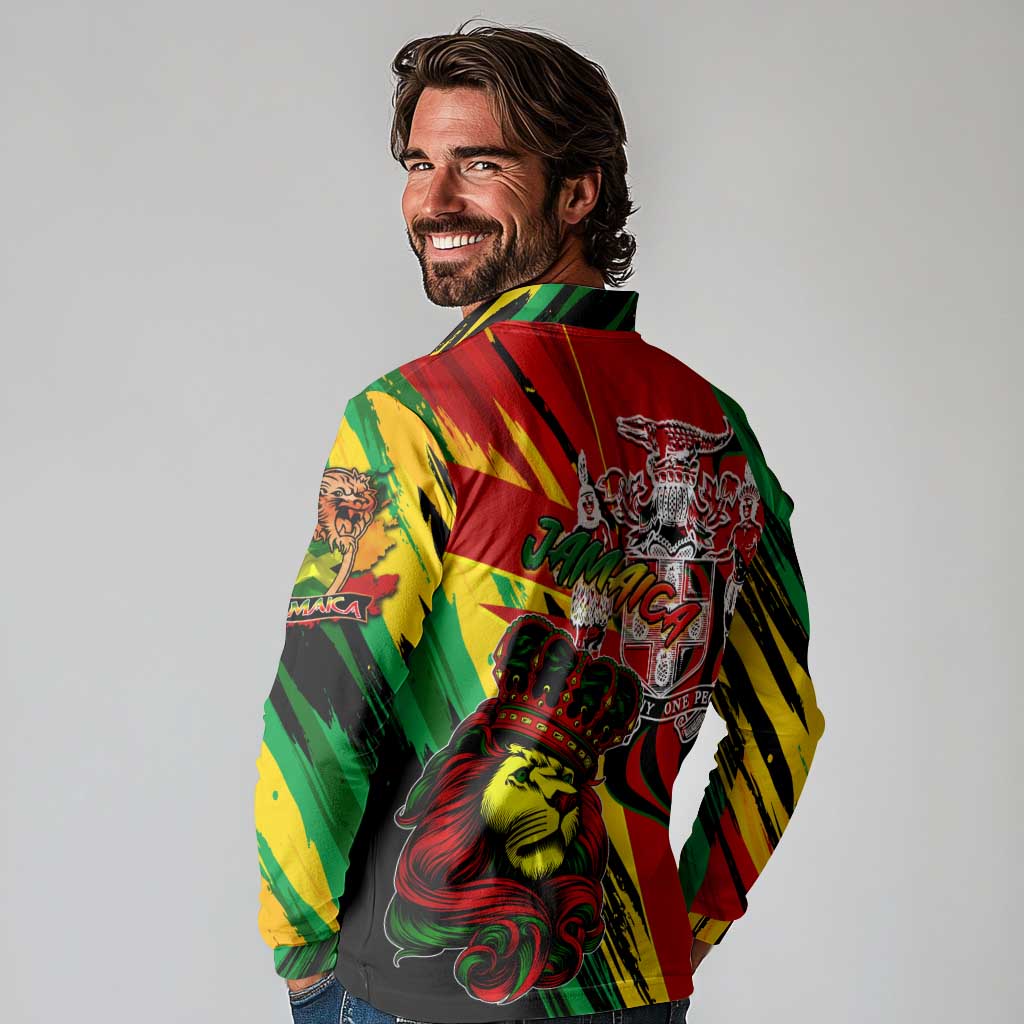 Jamaica Lion Long Sleeve Polo Shirt Coat Of Arms Rastafarianism