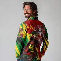 Jamaica Lion Long Sleeve Polo Shirt Coat Of Arms Rastafarianism