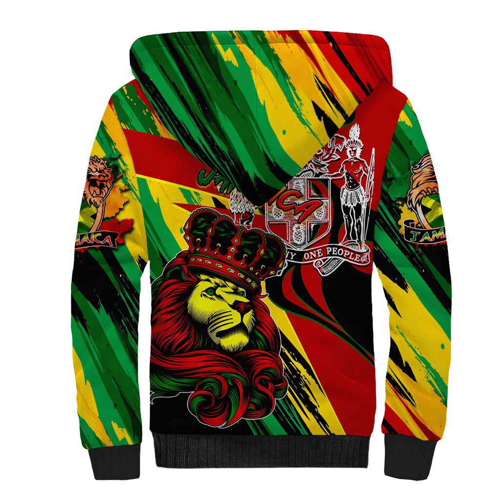 Jamaica Lion Sherpa Hoodie Coat Of Arms Rastafarianism