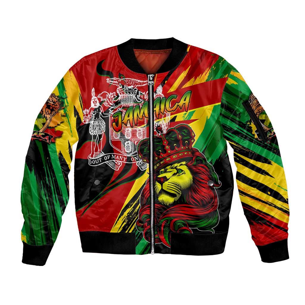 Jamaica Lion Sleeve Zip Bomber Jacket Coat Of Arms Rastafarianism