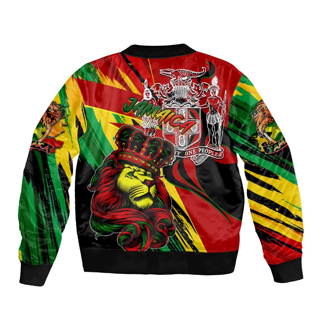 Jamaica Lion Sleeve Zip Bomber Jacket Coat Of Arms Rastafarianism
