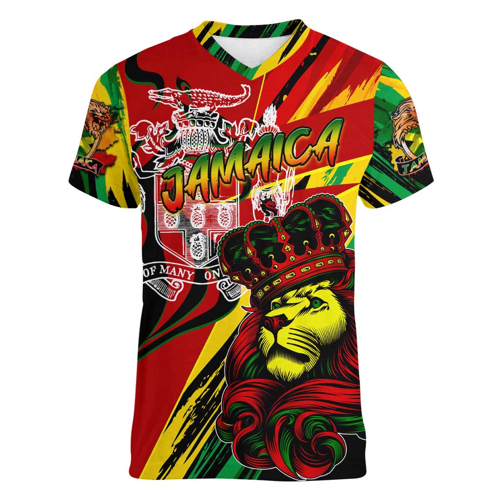 Jamaica Lion Women V-Neck T-Shirt Coat Of Arms Rastafarianism