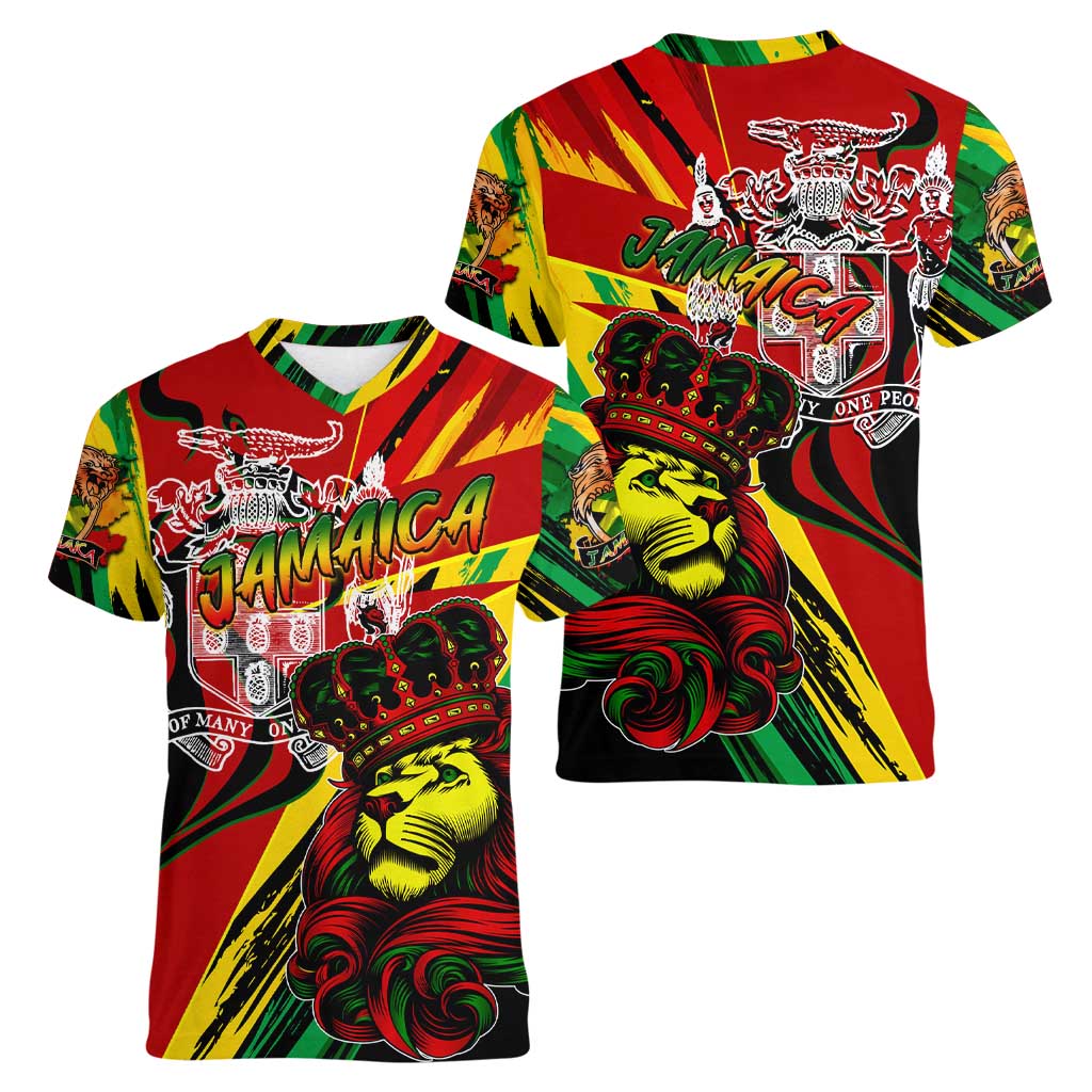 Jamaica Lion Women V-Neck T-Shirt Coat Of Arms Rastafarianism
