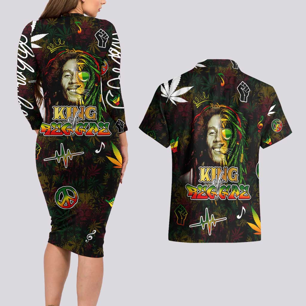 King Of Reggae Couples Matching Long Sleeve Bodycon Dress and Hawaiian Shirt Legend Bob Peace and Love