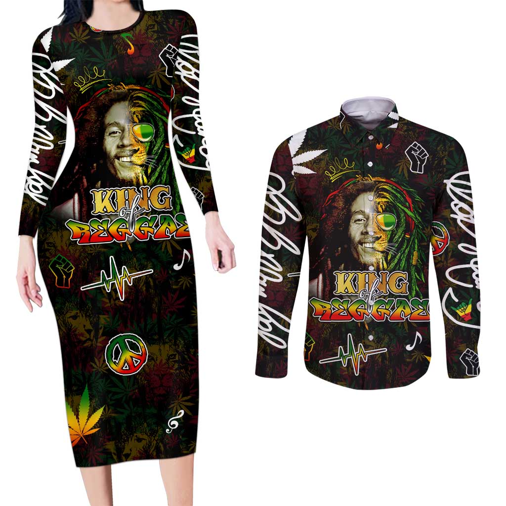 King Of Reggae Couples Matching Long Sleeve Bodycon Dress and Long Sleeve Button Shirt Legend Bob Peace and Love