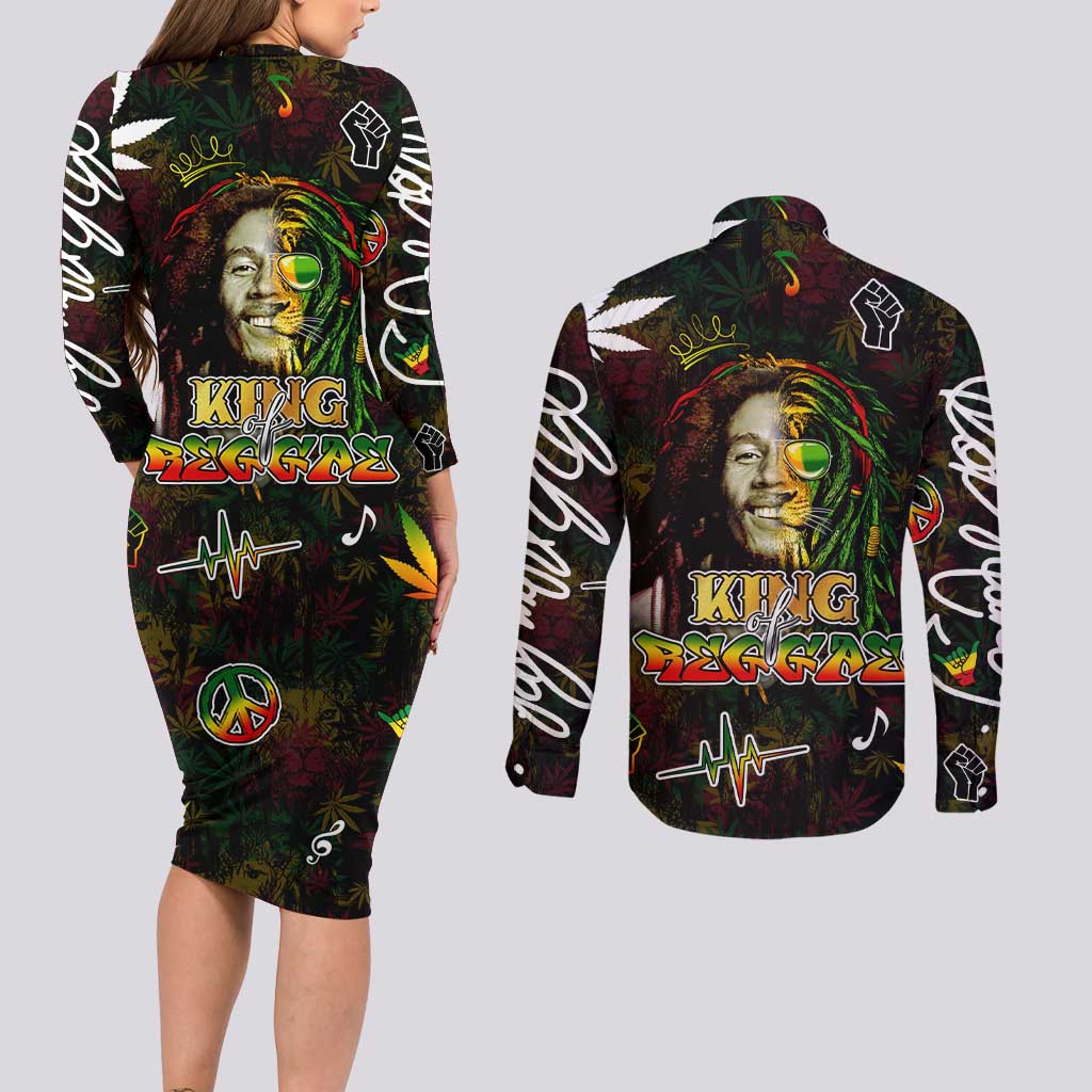 King Of Reggae Couples Matching Long Sleeve Bodycon Dress and Long Sleeve Button Shirt Legend Bob Peace and Love