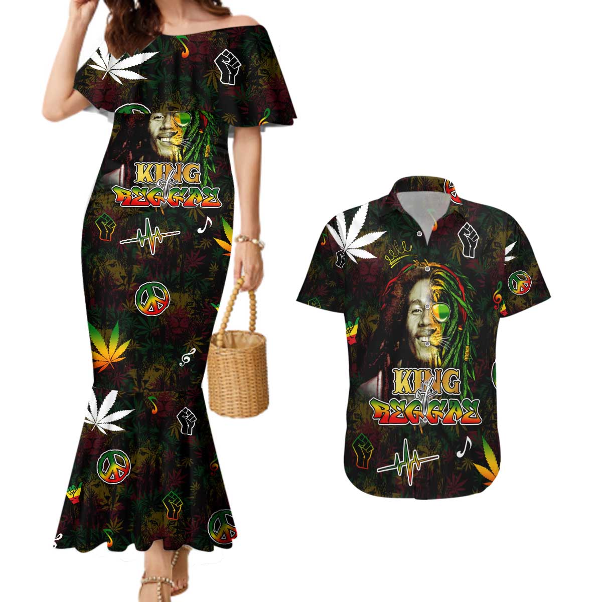 King Of Reggae Couples Matching Mermaid Dress and Hawaiian Shirt Legend Bob Peace and Love