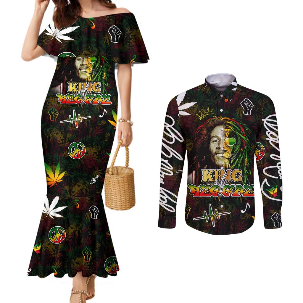 King Of Reggae Couples Matching Mermaid Dress and Long Sleeve Button Shirt Legend Bob Peace and Love