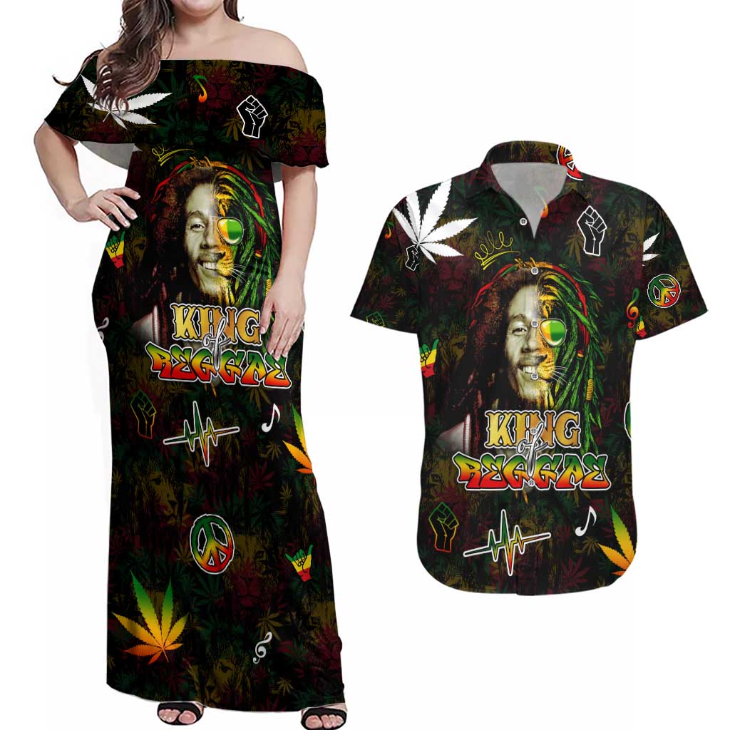 King Of Reggae Couples Matching Off Shoulder Maxi Dress and Hawaiian Shirt Legend Bob Peace and Love