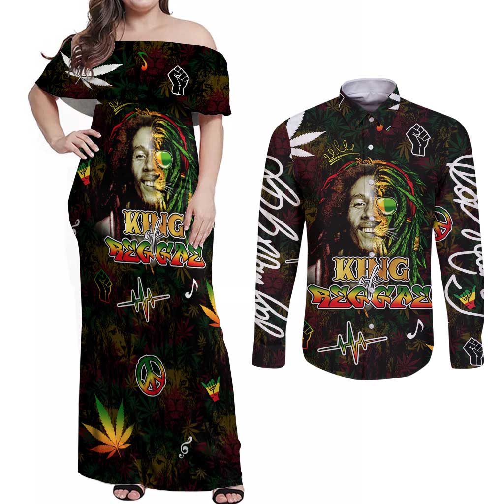 King Of Reggae Couples Matching Off Shoulder Maxi Dress and Long Sleeve Button Shirt Legend Bob Peace and Love