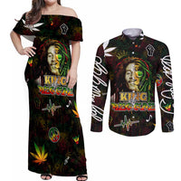 King Of Reggae Couples Matching Off Shoulder Maxi Dress and Long Sleeve Button Shirt Legend Bob Peace and Love