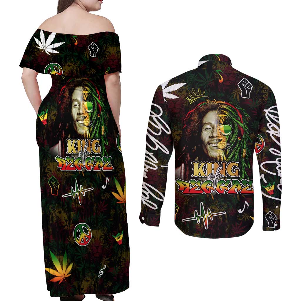 King Of Reggae Couples Matching Off Shoulder Maxi Dress and Long Sleeve Button Shirt Legend Bob Peace and Love