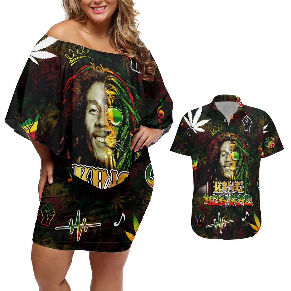 King Of Reggae Couples Matching Off Shoulder Short Dress and Hawaiian Shirt Legend Bob Peace and Love