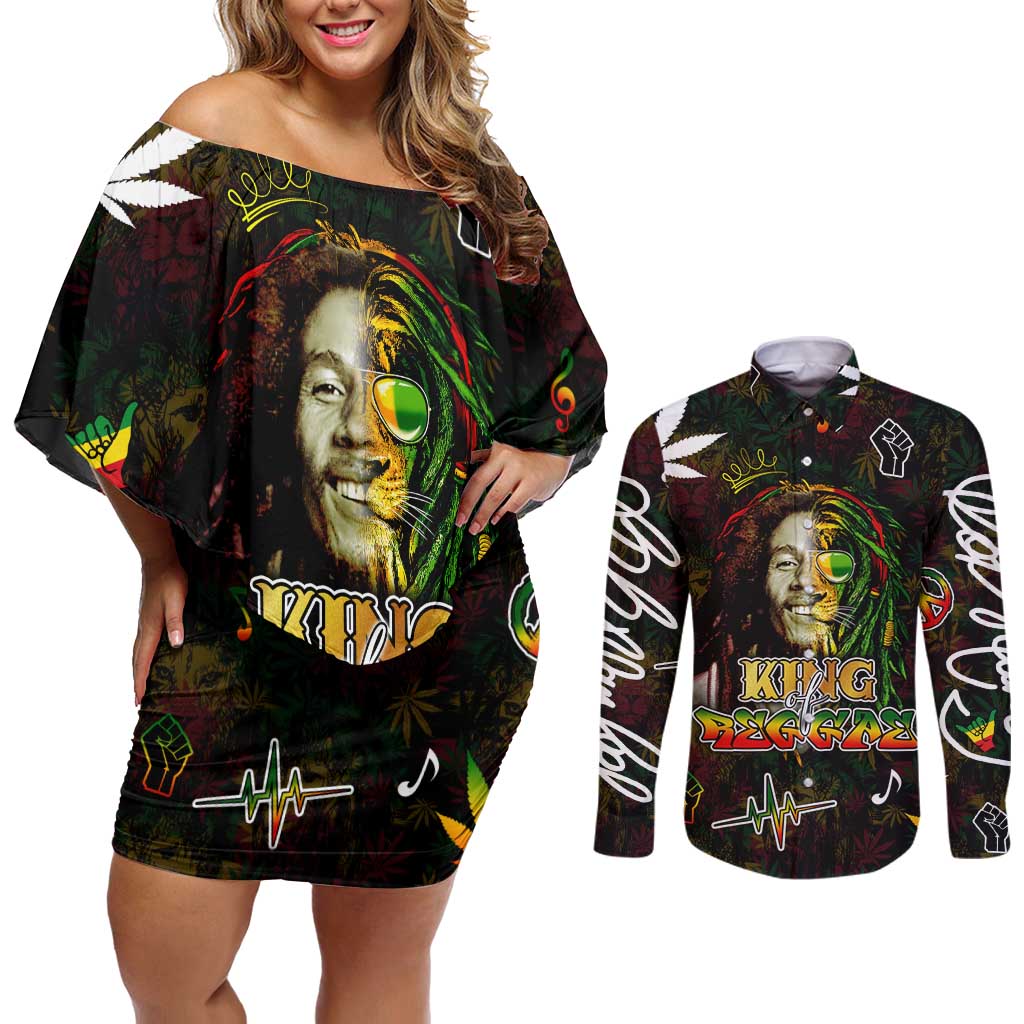 King Of Reggae Couples Matching Off Shoulder Short Dress and Long Sleeve Button Shirt Legend Bob Peace and Love