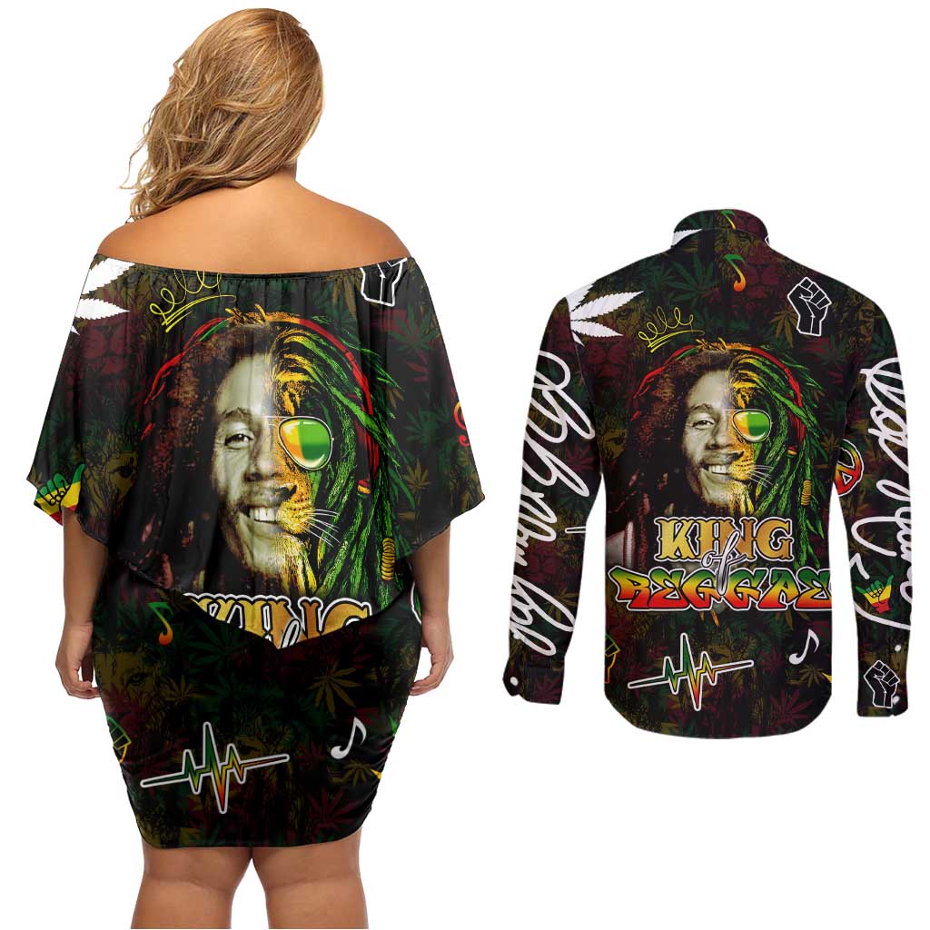 King Of Reggae Couples Matching Off Shoulder Short Dress and Long Sleeve Button Shirt Legend Bob Peace and Love