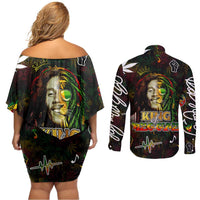 King Of Reggae Couples Matching Off Shoulder Short Dress and Long Sleeve Button Shirt Legend Bob Peace and Love