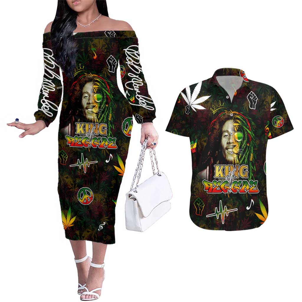King Of Reggae Couples Matching Off The Shoulder Long Sleeve Dress and Hawaiian Shirt Legend Bob Peace and Love