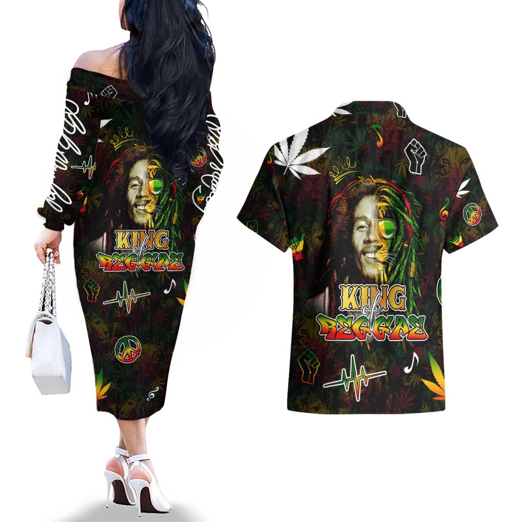 King Of Reggae Couples Matching Off The Shoulder Long Sleeve Dress and Hawaiian Shirt Legend Bob Peace and Love