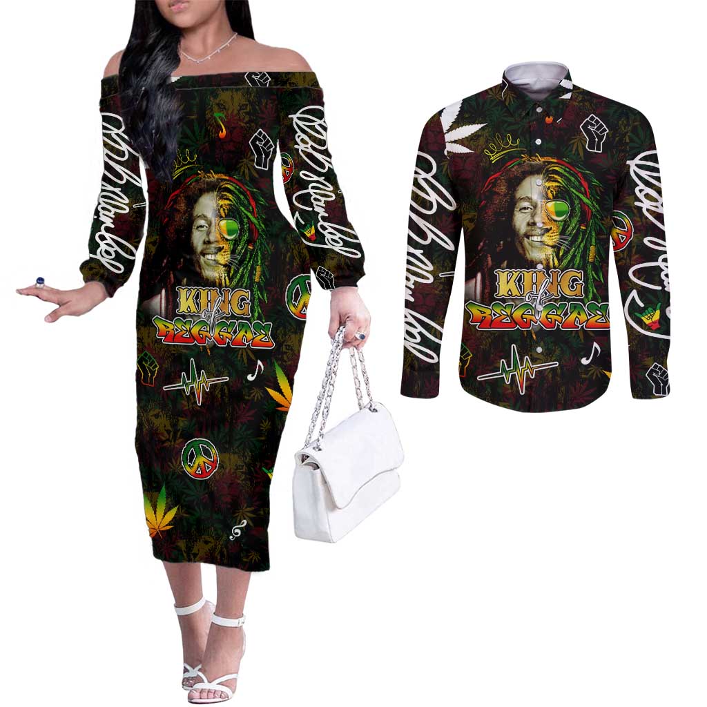 King Of Reggae Couples Matching Off The Shoulder Long Sleeve Dress and Long Sleeve Button Shirt Legend Bob Peace and Love