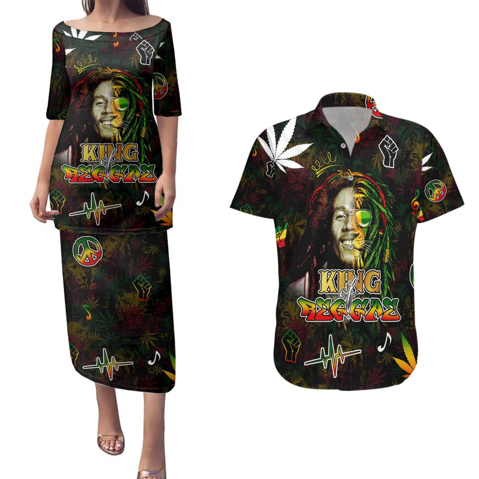 King Of Reggae Couples Matching Puletasi and Hawaiian Shirt Legend Bob Peace and Love