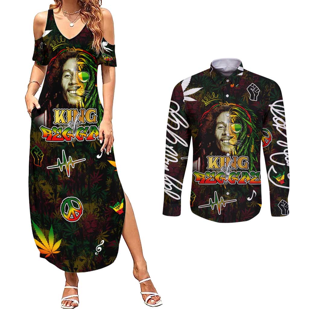 King Of Reggae Couples Matching Summer Maxi Dress and Long Sleeve Button Shirt Legend Bob Peace and Love