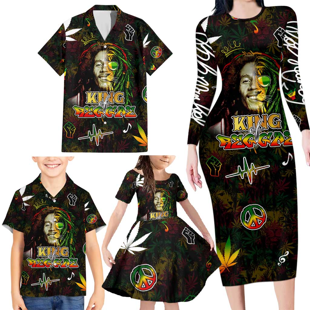 King Of Reggae Family Matching Long Sleeve Bodycon Dress and Hawaiian Shirt Legend Bob Peace and Love