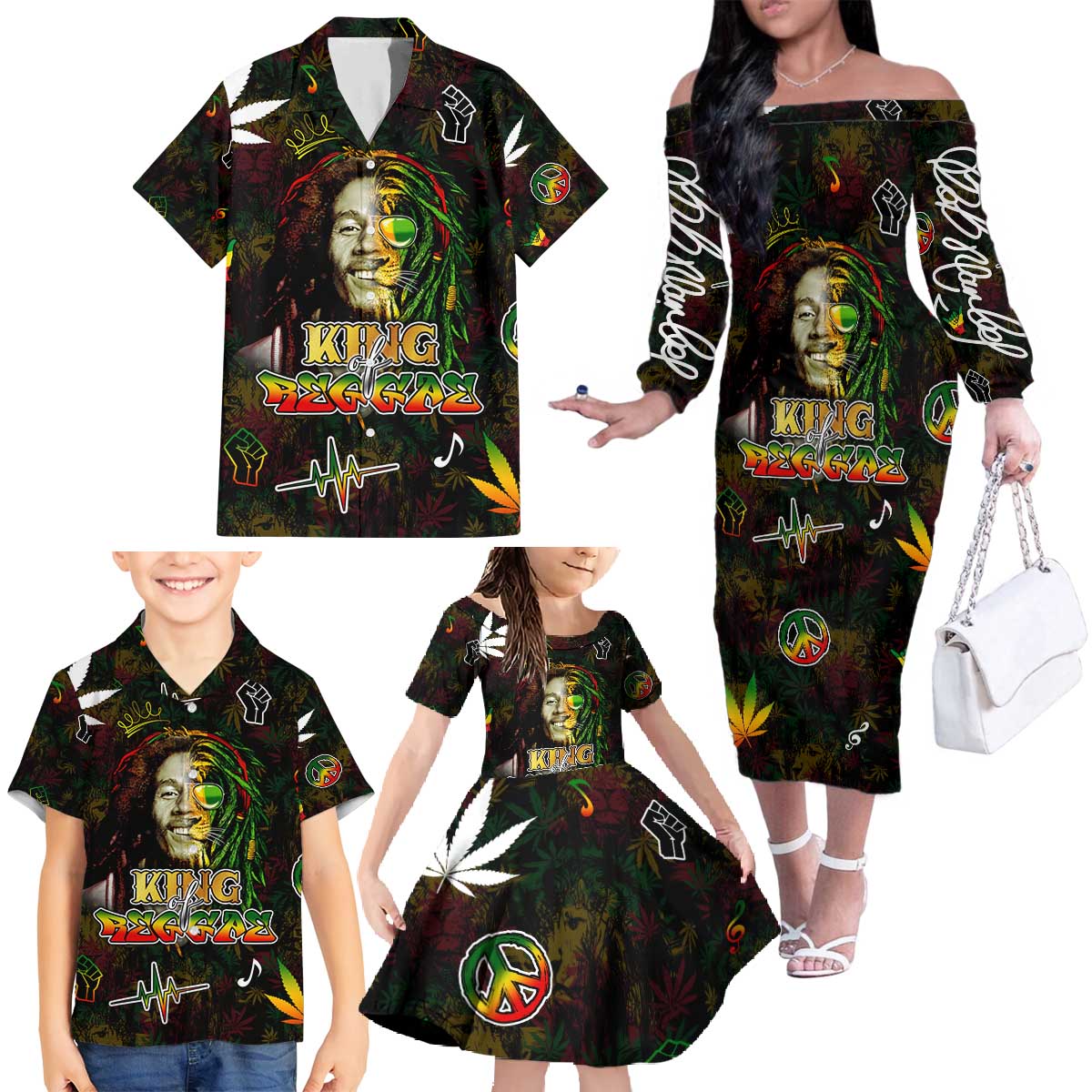 King Of Reggae Family Matching Off The Shoulder Long Sleeve Dress and Hawaiian Shirt Legend Bob Peace and Love