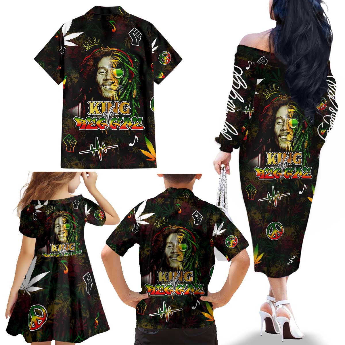 King Of Reggae Family Matching Off The Shoulder Long Sleeve Dress and Hawaiian Shirt Legend Bob Peace and Love