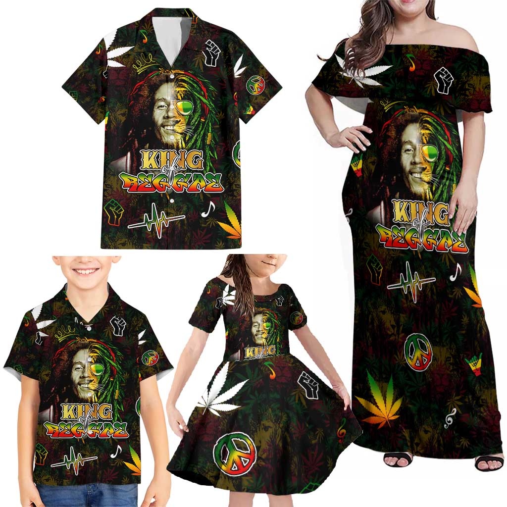 King Of Reggae Family Matching Off Shoulder Maxi Dress and Hawaiian Shirt Legend Bob Peace and Love