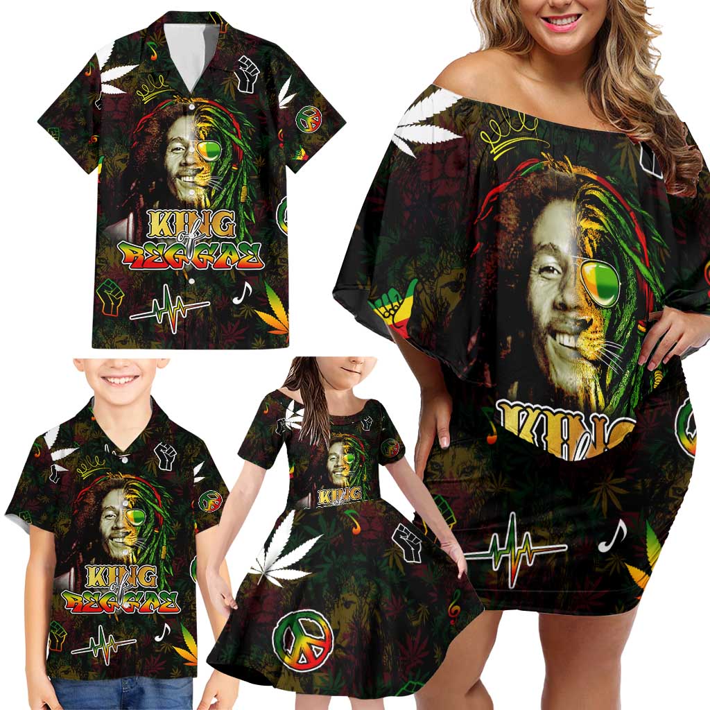 King Of Reggae Family Matching Off Shoulder Short Dress and Hawaiian Shirt Legend Bob Peace and Love