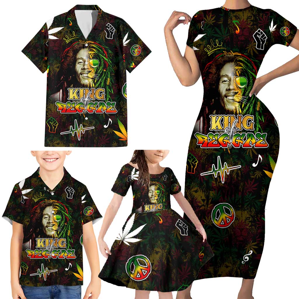 King Of Reggae Family Matching Short Sleeve Bodycon Dress and Hawaiian Shirt Legend Bob Peace and Love