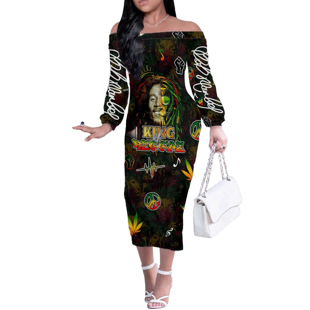 King Of Reggae Off The Shoulder Long Sleeve Dress Legend Bob Peace and Love