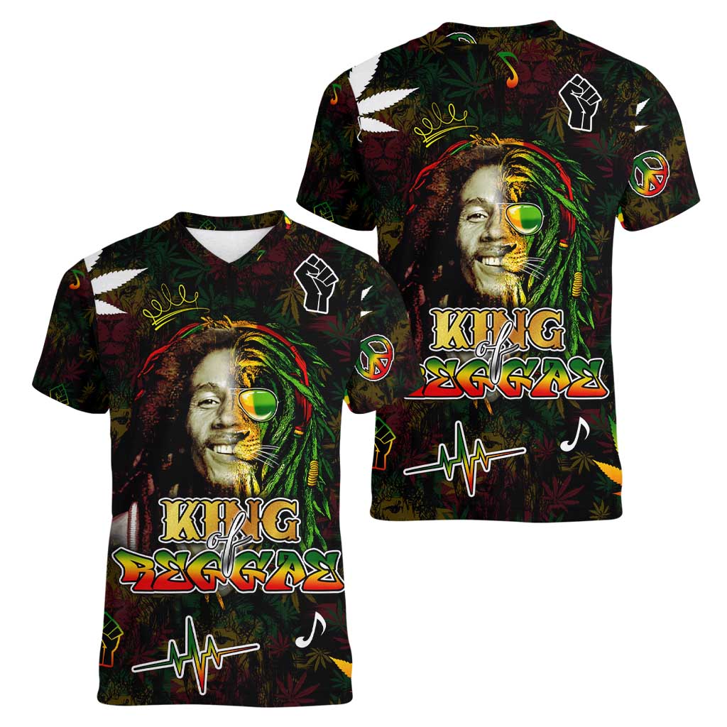 King Of Reggae Women V-Neck T-Shirt Legend Bob Peace and Love