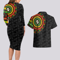 Adinkra Symbols Couples Matching Long Sleeve Bodycon Dress and Hawaiian Shirt African Culture - Wonder Print Shop