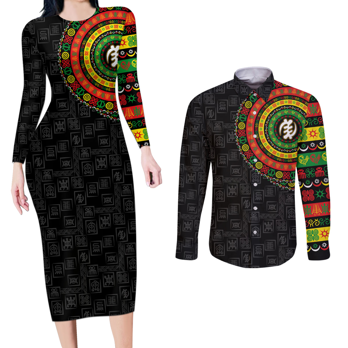 Adinkra Symbols Couples Matching Long Sleeve Bodycon Dress and Long Sleeve Button Shirts African Culture - Wonder Print Shop