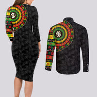 Adinkra Symbols Couples Matching Long Sleeve Bodycon Dress and Long Sleeve Button Shirts African Culture - Wonder Print Shop