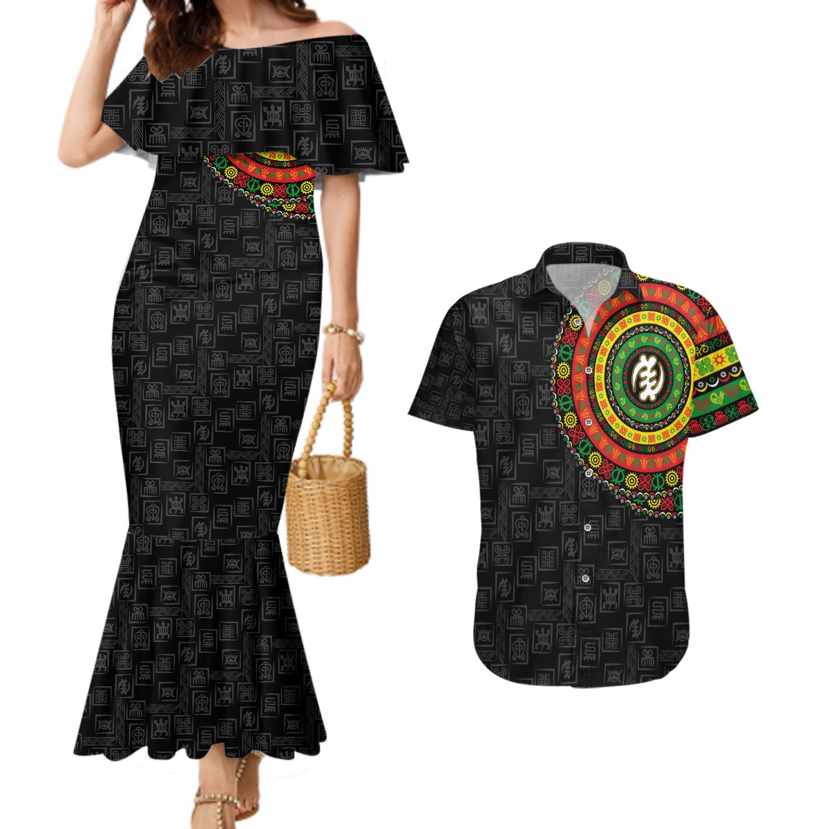 Adinkra Symbols Couples Matching Mermaid Dress and Hawaiian Shirt African Culture - Wonder Print Shop