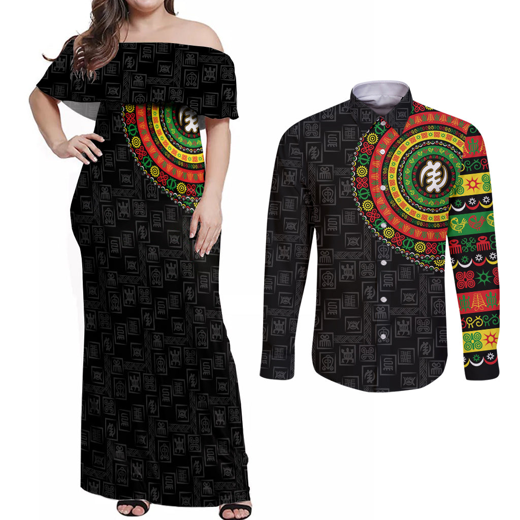 Adinkra Symbols Couples Matching Off Shoulder Maxi Dress and Long Sleeve Button Shirts African Culture - Wonder Print Shop