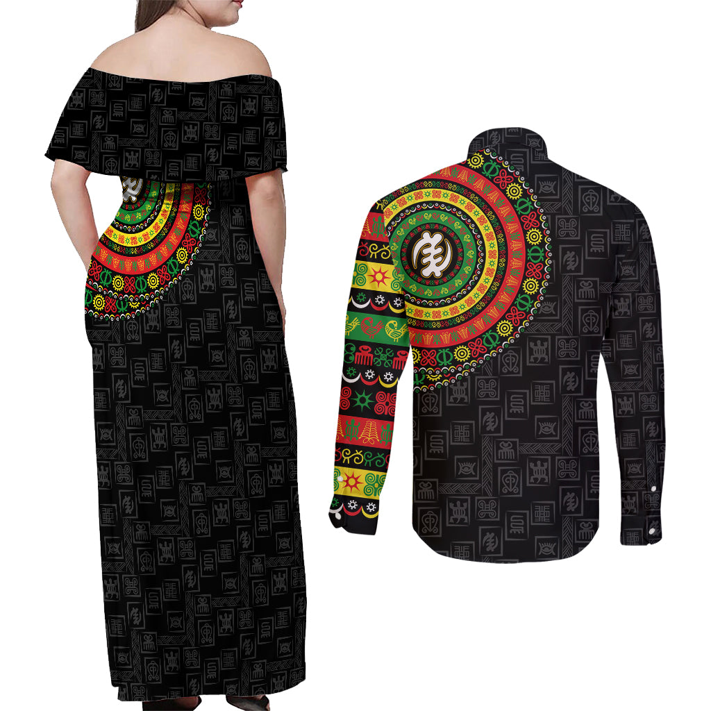Adinkra Symbols Couples Matching Off Shoulder Maxi Dress and Long Sleeve Button Shirts African Culture - Wonder Print Shop