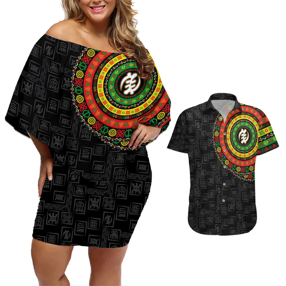 Adinkra Symbols Couples Matching Off Shoulder Short Dress and Hawaiian Shirt African Culture - Wonder Print Shop